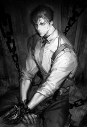 Rule 34 | 1boy, absurdres, belt, chain, closed mouth, collared shirt, cowboy shot, crossed arms, cuffs, expressionless, greyscale, gun, handgun, highres, holding, holding gun, holding weapon, indoors, kami off record, kneeling, long sleeves, looking at viewer, male focus, medical record book, monochrome, necktie, pants, pocket, prison cell, shackles, shirt, short hair, sleeves past elbows, solo, suspenders, thick eyebrows, weapon, xie qingcheng