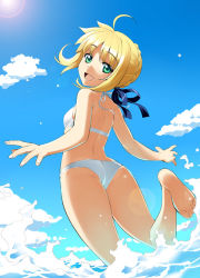 Rule 34 | 1girl, :d, ahoge, alternate costume, artoria pendragon (all), artoria pendragon (fate), ass, bad anatomy, bare shoulders, barefoot, bikini, blonde hair, cloud, day, fate/stay night, fate (series), feet, flat ass, from behind, green eyes, hair ribbon, leg up, looking back, namonashi, ocean, open mouth, ribbon, saber (fate), sky, smile, solo, sun, sunlight, swimsuit, textless version, wading, water, white bikini