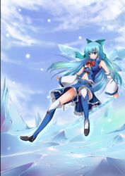 Rule 34 | 1girl, angetsu no koshousha, blue eyes, blue hair, blush, bow, breasts, cirno, crystal sword, detached sleeves, hair bow, ice, long hair, matching hair/eyes, medium breasts, midriff, aged up, skirt, smile, solo, sword, thighhighs, touhou, underboob, weapon, wings