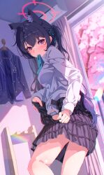 Rule 34 | 1girl, animal ears, black hair, black skirt, blue archive, blurry, blurry background, blush, breasts, cat ears, cherry blossoms, closed mouth, collared shirt, dressing, from behind, hair between eyes, hair ornament, halo, highres, indoors, long hair, long sleeves, looking at viewer, mouth hold, panties, plaid, plaid skirt, pleated skirt, sakatsuki yakumo, school uniform, serika (blue archive), shirt, skirt, solo, twintails, underwear, white shirt