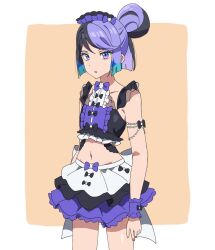 Rule 34 | 1girl, black hair, carron (pretty series), detached collar, dolldolldd, dress, frills, gradient eyes, hair between eyes, hair ornament, kiratto pri chan, long hair, looking at viewer, multicolored eyes, multicolored hair, navel, open mouth, personification, pretty series, purple eyes, purple hair, ribbon, sidelocks, simple background, solo, split-color hair, summer maid coord, waccha primagi!