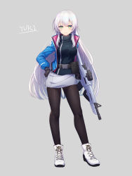 Rule 34 | 1girl, belt pouch, black gloves, black pantyhose, black shirt, blue jacket, closed mouth, full body, gloves, green eyes, grey background, gun, hand on own hip, highres, holster, jacket, light blush, long hair, looking at viewer, nishino eri, original, pantyhose, pouch, rifle, shiny clothes, shiny legwear, shirt, shoes, sidelocks, silver hair, smile, sneakers, sniper rifle, solo, straight hair, weapon, white shirt