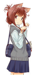 Rule 34 | 10s, 1girl, alternate costume, animal ears, bag, brown eyes, brown hair, cat ears, folded ponytail, highres, inazuma (kancolle), kantai collection, looking at viewer, pleated skirt, retsumaru, school bag, school uniform, skirt, solo, sweater vest, white background