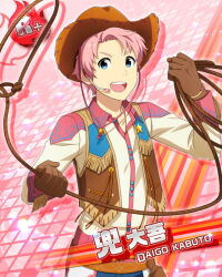 Rule 34 | 1boy, brown gloves, card (medium), character name, cowboy, cowboy hat, cowboy western, gloves, hat, headset, holding, holding rope, idolmaster, idolmaster side-m, kabuto daigo, lasso, long sleeves, looking at viewer, male focus, official art, open mouth, pink background, pink hair, rope, sheriff badge, solo, teeth, upper teeth only, western