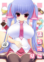 Rule 34 | 1girl, :o, arm support, bare shoulders, black thighhighs, blue hair, blush, bowl, breasts, candy, chocolate, chocolate bar, chopsticks, food, hair ornament, hand on own stomach, huge breasts, ice cream, long hair, necktie, open mouth, original, popsicle, red eyes, rice, rice bowl, riko (shuz), shortstack, shuz (dodidu), sitting, skirt, solo, spoken squiggle, squiggle, thighhighs, twintails, very long hair