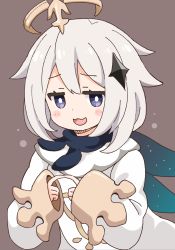 Rule 34 | 1girl, :d, black cape, blue eyes, blush stickers, brown background, cape, commentary request, dress, fingers together, genshin impact, grey hair, hair between eyes, halo, hands up, highres, long sleeves, looking at viewer, nekotoufu, open mouth, paimon (genshin impact), simple background, sleeves past wrists, smile, solo, white dress, wide sleeves