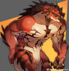 Rule 34 | 1boy, abs, absurdres, bara, beak, black sclera, bulge, colored sclera, dragon boy, dragon horns, feet out of frame, furry, furry male, highres, horns, large pectorals, male focus, monster hunter (series), muscular, muscular male, nude, pectorals, rathalos, rathalosx4, scales, short hair, sideburns, solo, stomach, thighs