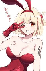 Rule 34 | 1girl, animal ears, arm tattoo, bare shoulders, blonde hair, blush, breasts, bright pupils, cleavage, commentary request, fake animal ears, gloves, grin, hair between eyes, hair ornament, hand up, highres, hyoe (hachiechi), large breasts, leotard, looking at viewer, lycoris recoil, musical note, nishikigi chisato, one eye closed, one side up, playboy bunny, rabbit ears, rabbit hair ornament, red eyes, red gloves, red leotard, short hair, smile, solo, strapless, strapless leotard, tattoo, translation request, upper body, v, v over eye, white pupils