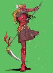 Rule 34 | 1girl, armor, armored dress, asatsuki kamo, blue eyes, boots, brown dress, brown hair, dress, elbow gloves, elmina niet, feathers, full body, gloves, greaves, green background, helmet, knee boots, lady harken, long hair, pantyhose, red armor, ribbon, scythe, simple background, solo, valkyrie, wild arms, wild arms 1