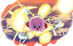 Rule 34 | blue eyes, flying, full body, highres, kirby, kirby (series), motion lines, nayuta takumi, nintendo, no humans, open mouth, solo, sparkle, star (symbol), super smash bros., sweat, warp star