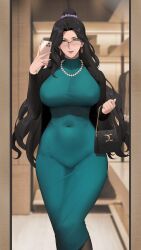 Rule 34 | 1girl, absurdres, alios arvin, black hair, black jacket, breasts, cellphone, covered navel, dress, earrings, glasses, green dress, green eyes, highres, jacket, jewelry, large breasts, long hair, long sleeves, looking at viewer, original, pantyhose, parted bangs, phone, ponytail, smile, solo, taut clothes, taut dress