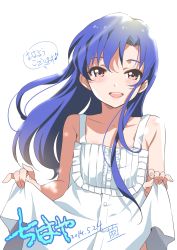 Rule 34 | 1girl, 2014, :d, blue hair, blush, character name, curtsey, dated, dress, flat chest, highres, idolmaster, idolmaster (classic), inoue sora, kisaragi chihaya, long hair, open mouth, out-of-frame censoring, purple eyes, signature, smile, solo, sundress
