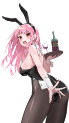 Rule 34 | 1girl, absurdres, angry, animal ears, armpit crease, ass, back, backboob, bare shoulders, black hairband, black leotard, black nails, black pantyhose, blush, bottle, breasts, collar, cup, detached collar, drinking glass, earrings, fingernails, hairband, highres, holding, holding tray, hololive, hololive english, jewelry, kouhiipan, large breasts, leotard, long fingernails, long hair, looking at viewer, looking back, mori calliope, nail polish, open mouth, pantyhose, pink eyes, pink hair, playboy bunny, rabbit ears, simple background, skull earrings, solo, strapless, strapless leotard, teeth, tray, upper teeth only, v-shaped eyebrows, virtual youtuber, white background, white collar, white wrist cuffs, wine bottle, wine glass, wrist cuffs