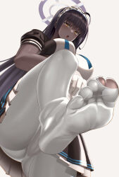 Rule 34 | 1girl, absurdres, black hair, blue archive, blush, dark skin, feet, foot focus, foreshortening, gloves, halo, highres, karin (blue archive), long hair, maid headdress, no shoes, nuchitarou, panties, pantyhose, presenting foot, soles, spread toes, toes, torn clothes, underwear, white pantyhose, yellow eyes
