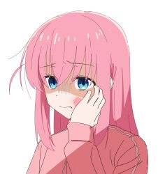 Rule 34 | 1girl, absurdres, abuse, bags under eyes, blue eyes, bocchi the rock!, doublep0ints, frown, furrowed brow, gloom (expression), gotoh hitori, hand on own cheek, hand on own face, highres, jacket, long hair, long sleeves, looking at viewer, pink hair, pink jacket, shaded face, sidelocks, simple background, slap mark, slap mark on face, solo, track jacket, upper body, white background