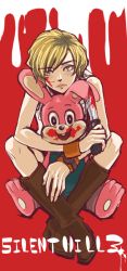 Rule 34 | 1girl, blonde hair, breasts, commentary request, heather mason, highres, jacket, mario (hitodamario), robbie the rabbit, short hair, silent hill, silent hill (series), silent hill 3, sleeveless, solo, stuffed animal, stuffed toy, vest, watch, wristband