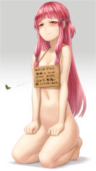 Rule 34 | 1girl, blush, breasts, cleavage, closed mouth, collarbone, full body, furrowed brow, groin, highres, kotonoha akane, kurione (zassou), leaf, long hair, navel, nude, one side up, pet shaming, pink eyes, pink hair, sign, sign around neck, sitting, small breasts, snot, solo, straight hair, tears, translated, very long hair, voiceroid