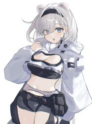 Rule 34 | 1girl, 2naom8q6gt87292, :o, absurdres, animal ears, arknights, aurora (arknights), bear ears, black hairband, black shirt, blue eyes, commentary request, cowboy shot, crop top, cropped jacket, grey shorts, hairband, hand up, highres, jacket, long hair, long sleeves, looking at viewer, midriff, navel, open mouth, pouch, shirt, short shorts, shorts, simple background, solo, standing, stomach, thighs, very long hair, white background, white hair, white jacket