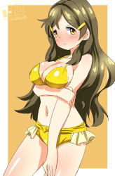 1girl bikini breasts brown_eyes brown_hair cleavage hair_ornament hairclip inaka_keikou long_hair shinomiya_himawari swimsuit vividred_operation