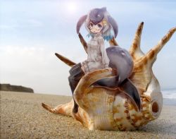 Rule 34 | 10s, 1girl, anchor hair ornament, black footwear, blue eyes, blue hair, blue whale (kemono friends), boots, cetacean tail, commentary request, fins, fish tail, glasses, gradient hair, grey hair, hair ornament, hairclip, head fins, japari symbol, kemono friends, kolshica, lens flare, long sleeves, looking at viewer, medium hair, multicolored hair, photo background, ribbed sweater, sand, seashell, shell, sitting, solo, sweater, tail, thigh boots, thighhighs, turtleneck