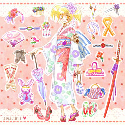 Rule 34 | bleach, blonde hair, elbow gloves, hand fan, gloves, high heels, japanese clothes, kimono, sarugaki hiyori, senryou (0 510), shoes, sword, twintails, weapon