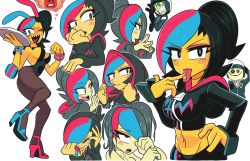 Rule 34 | 1girl, :p, ;), alternate costume, animal ears, asymmetrical footwear, bad cop/good cop, black hair, blue hair, blush stickers, breasts, cleavage, collage, colored skin, crop top, crying, eyeliner, fake animal ears, gashi-gashi, hair over one eye, hand on own hip, heart, heart in mouth, high heels, hood, hood down, hoodie, large breasts, lego, makeup, midriff, mismatched footwear, multicolored hair, multiple persona, navel, one eye closed, pantyhose, personification, playboy bunny, rabbit ears, red hair, sharp teeth, short hair, side ponytail, sideboob, smile, tears, teeth, the lego group, the lego movie, tongue, tongue out, wrist cuffs, wyldstyle, yellow skin