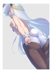 Rule 34 | 1girl, absurdres, adjusting clothes, anastasia (fate), animal ears, arm at side, ass, bad id, bad pixiv id, bare arms, bare shoulders, beige background, black pantyhose, blue eyes, blue leotard, border, breasts, closed mouth, commentary request, fake animal ears, fate/grand order, fate (series), from behind, from below, grey background, hair ornament, hand up, highres, leotard, long hair, looking at viewer, medium breasts, pantyhose, playboy bunny, rabbit ears, rabbit tail, shoulder blades, solo, straight hair, strapless, strapless leotard, tail, tearing up, tihoro1609, very long hair, white border, wrist cuffs