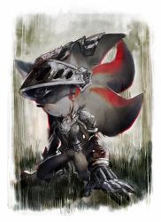 Rule 34 | 1boy, animal ears, animal nose, armor, black fur, black hair, blood, blood on face, body fur, border, commentary request, cuirass, flipped hair, furry, furry male, gauntlets, half-closed eyes, hedgehog ears, kneeling, long hair, looking at viewer, male focus, multicolored hair, red eyes, red fur, red hair, shadow the hedgehog, shoulder armor, sir lancelot (shadow), solo, sonic (series), sonic and the black knight, sonic the hedgehog, streaked hair, visor (armor), white border