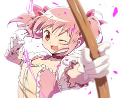 Rule 34 | 10s, 1girl, ;d, bad id, bad pixiv id, blurry, bow (weapon), buttons, choker, depth of field, frilled sleeves, frills, gloves, hair ribbon, jewelry, kaname madoka, koitsu (blue), magical girl, mahou shoujo madoka magica, mahou shoujo madoka magica (anime), one eye closed, open mouth, pink eyes, pink hair, ribbon, short sleeves, short twintails, simple background, smile, solo, twintails, upper body, weapon, white background, white gloves