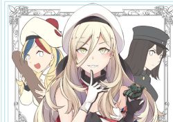 Rule 34 | 3girls, akitsu maru (kancolle), beret, black hair, blonde hair, blue hair, border, commandant teste (kancolle), commentary request, finger to mouth, fleur-de-lis, ft-17, gloves, green eyes, hair between eyes, hat, ido (teketeke), jacket, kantai collection, long sleeves, military, military vehicle, mole, mole under mouth, motor vehicle, multicolored hair, multiple girls, open mouth, peaked cap, red hair, richelieu (kancolle), scarf, sleeveless, smile, streaked hair, tank, unfinished, white hair