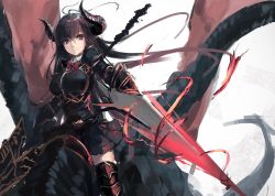 Rule 34 | 1girl, antenna hair, banner, black skirt, bow, bowtie, breasts, brown hair, commentary request, copyright request, dragon, dragon riding, holding, holding weapon, horns, long hair, looking at viewer, medium breasts, armored boots, rean (r ean), red bow, red bowtie, red eyes, shingeki no bahamut, sitting, skirt, smile, solo, weapon