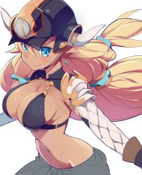 Rule 34 | 1girl, 9law, almeida (granblue fantasy), bad id, bad pixiv id, bikini, bikini top only, blonde hair, blue eyes, breasts, cleavage, closed mouth, dark skin, dark-skinned female, detached sleeves, earrings, gloves, granblue fantasy, helmet, horns, jewelry, large breasts, long hair, looking at viewer, navel piercing, piercing, pointy ears, simple background, smile, solo, swimsuit, twintails, white background