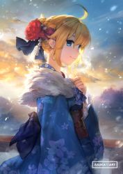 Rule 34 | 1girl, absurdres, ahoge, arm at side, artist name, artoria pendragon (all), artoria pendragon (fate), back bow, backlighting, blonde hair, blue bow, blue eyes, blue kimono, blush, bow, closed mouth, commentary request, day, fate/grand order, fate (series), floral print, flower, from side, fur, gradient sky, hair bun, hair flower, hair ornament, hand on own chest, highres, japanese clothes, kimono, long sleeves, looking at viewer, looking to the side, nose blush, obi, official alternate costume, outdoors, patipat asavasena, print kimono, railing, red flower, saber (fate), saber (first sunrise) (fate), sash, short hair, sidelocks, single hair bun, sky, smile, snowing, solo, sunlight, upper body, wide sleeves