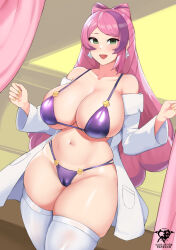 Rule 34 | 1girl, alternate breast size, alternate costume, artist name, bikini, blush, breasts, cleavage, coat, collarbone, creatures (company), curtains, double bun, earrings, game freak, green eyes, hair bun, huge breasts, indoors, jewelry, kaos art, lab coat, long hair, looking at viewer, miriam (pokemon), mixed-language commentary, multicolored hair, navel, nintendo, off shoulder, open clothes, open coat, open mouth, pink hair, pocket, pokemon, pokemon sv, purple bikini, purple hair, smile, solo, stomach, streaked hair, swimsuit, thighhighs, thighs, two-tone hair, white thighhighs
