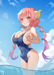 Rule 34 | 1girl, absurdres, bare arms, bare shoulders, blue one-piece swimsuit, blue sky, breasts, cleavage, covered navel, day, dragon girl, dragon horns, heiyu, highres, horns, huge breasts, ilulu (maidragon), kobayashi-san chi no maidragon, long hair, looking at viewer, ocean, one-piece swimsuit, outdoors, pink hair, pointy ears, red eyes, shortstack, signature, skindentation, sky, slit pupils, solo, standing, summer, swimsuit, thighs, twintails, wading, wet