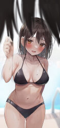 Rule 34 | 1girl, :d, arm behind back, black hair, blush, breasts, cleavage, collarbone, highres, large breasts, looking at viewer, medium hair, mole, mole on breast, open mouth, original, poolside, rouka (akatyann), smile, solo, swimsuit, thighs, wet, yellow eyes