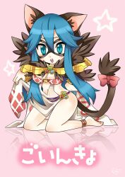 Rule 34 | 1girl, animal ears, argyle, argyle clothes, argyle dress, barefoot, belt, blue eyes, blue hair, blush, breasts, cat ears, cat girl, cat tail, clothes lift, commentary request, detached sleeves, dress, dress lift, eye mask, full body, fur collar, goinkyo, hair between eyes, highres, kneeling, lifting own clothes, liricolilium, long hair, looking at viewer, medium bangs, medium breasts, open mouth, pink background, purple belt, ragnarok online, reflective floor, see-through, see-through dress, sleeveless, sleeveless dress, smile, solo, sorcerer (ragnarok online), star (symbol), tail, teeth, translated, upper teeth only, white dress, white sleeves