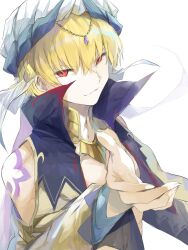 Rule 34 | 1boy, bare shoulders, blonde hair, closed mouth, commentary request, ezu (e104mjd), fate/grand order, fate (series), gilgamesh, gilgamesh (caster) (fate), gilgamesh (fate), high collar, highres, looking at viewer, male focus, red eyes, short hair, shoulder tattoo, sideways glance, solo, tattoo, upper body, white background