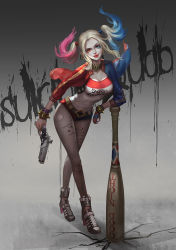 Rule 34 | 1girl, baseball bat, batman (series), belt, blonde hair, body writing, bracelet, breasts, choker, cleavage, copyright name, dc comics, dccu, fishnets, full body, gradient background, gun, harley quinn, heterochromia, holster, jacket, jewelry, lipstick, makeup, multicolored hair, sequins, shoulder holster, solo, spiked bracelet, spikes, studded belt, suicide squad, twintails, weapon