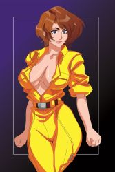 Rule 34 | 1girl, april o&#039;neil, artist request, blue eyes, breasts, brown hair, center opening, cleavage, cowboy shot, highres, jumpsuit, large breasts, lips, no bra, short hair, solo, standing, tagme, teenage mutant ninja turtles