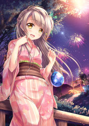 Rule 34 | 10s, 1girl, aerial fireworks, bad id, bad pixiv id, ball, blunt bangs, braid, brown eyes, brown hair, eyebrows, festival, fireworks, floral print, french braid, from below, japanese clothes, kimono, long hair, looking at viewer, love live!, love live! school idol festival, love live! school idol project, minami kotori, night, obi, one side up, open mouth, outdoors, pink kimono, sash, smile, solo, star (sky), summer festival, torii, tree, vashaps2, water yoyo, yukata