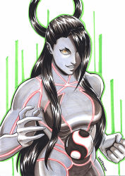 Rule 34 | 1girl, black hair, breasts, clenched hand, commentary, english commentary, female seth (street fighter), fighting stance, hair over one eye, hair rings, halo, highres, long hair, looking at viewer, marker (medium), medium breasts, metal skin, neon trim, no nipples, orb, seth (street fighter), solo, street fighter, street fighter v, traditional media, very long hair, yellow eyes, yin yang, yin yang orb, zamisam