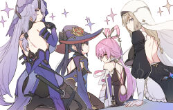 Rule 34 | 4girls, aponia (honkai impact), ass, backless dress, backless outfit, bare shoulders, black footwear, black gloves, black hair, black pantyhose, black swan (honkai: star rail), boots, bow-shaped hair, breasts, brown eyes, butt crack, commentary request, company connection, constellation print, crescent, detached sleeves, dress, expressionless, from behind, fu xuan (honkai: star rail), genshin impact, gloves, green eyes, hair between eyes, hair ornament, hairpin, hand up, hat, high heel boots, high heels, highres, honkai: star rail, honkai (series), honkai impact 3rd, large breasts, leotard, light brown hair, long hair, long sleeves, looking at viewer, looking back, low twintails, medium breasts, mole, mole on back, mona (genshin impact), multiple girls, nun, outfit connection, pantyhose, pink hair, purple dress, purple eyes, purple hair, purple headwear, purple leotard, purple sleeves, purple veil, sidelocks, simple background, smile, tassel, twintails, veil, white background, white veil, witch hat, yumegiwa (skgl thx)