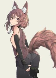 Rule 34 | 1girl, animal ear fluff, animal ears, black footwear, blouse, blush, breasts, brown eyes, brown hair, brown shirt, choker, commentary request, dog ears, dog girl, dog tail, fingerless gloves, from behind, from side, gloves, highres, holding, holding shoes, itou ryuusei, looking at viewer, looking back, medium hair, messy hair, no bra, no pants, original, panties, panties under pantyhose, pantyhose, shirt, shoes, sideboob, simple background, sleeveless, sleeveless shirt, small breasts, solo, tail, thighband pantyhose, underwear