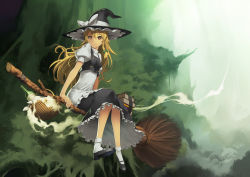 Rule 34 | 1girl, basket, blonde hair, book, bottle, bow, braid, broom, broom riding, brown eyes, day, female focus, hair bow, hat, hat ribbon, highres, kirisame marisa, kunieda, long hair, mary janes, outdoors, ribbon, shoes, side braid, sidesaddle, single braid, sitting, smile, solo, touhou, tree, witch, witch hat