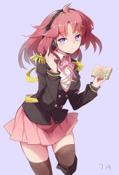 Rule 34 | 1girl, blue background, blue eyes, blush, book, brown thighhighs, character request, commentary request, dated, epaulettes, eyebrows, headphones, highres, looking at viewer, pink ribbon, pink skirt, red hair, ribbon, short hair, skirt, solo, thighhighs, tirpitz (warship girls r), touming renjian, warship girls r, zettai ryouiki