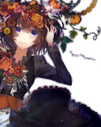 Rule 34 | 1girl, :d, bad id, bad pixiv id, brown hair, flower, flower on head, hair flower, hair ornament, hand on own head, kazutake hazano, looking at viewer, open mouth, original, purple eyes, simple background, smile, solo, text focus, white background