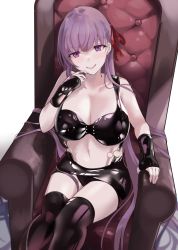 Rule 34 | 1girl, bb (fate), bb (fate/extra), black bra, black gloves, black panties, black thighhighs, bra, breasts, cleavage, commission, endou (zettai bluenoid), fate/extra, fate/grand order, fate (series), fingerless gloves, gloves, hair ribbon, highres, large breasts, latex, licking lips, long hair, navel, panties, purple eyes, purple hair, red ribbon, ribbon, short shorts, shorts, sitting, skeb commission, solo, thighhighs, tongue, tongue out, underwear, white background