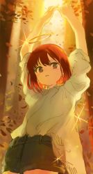 Rule 34 | 1girl, arms up, autumn leaves, blush, brown eyes, commentary request, glint, green shorts, halo, highres, leaf, long hair, long sleeves, looking at viewer, original, outdoors, parted lips, red hair, sha2mo, shirt, short shorts, shorts, sleeves pushed up, solo, tree, white shirt