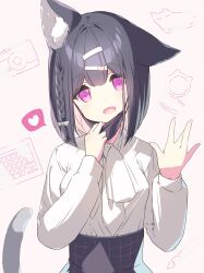 Rule 34 | 1girl, animal ear fluff, animal ears, black hair, black skirt, bow, braid, camera, cat ears, cat girl, cat tail, commentary request, hair bow, hair ornament, hairclip, hand mirror, hands up, head tilt, heart, high-waist skirt, highres, iku kurumi, keyboard (computer), long sleeves, looking at viewer, mask, mask pull, mirror, mofu-mofu after school, mofumofu channel, mouth mask, p19, pink background, puffy long sleeves, puffy sleeves, pulling own clothes, purple eyes, shirt, simple background, skirt, solo, spoken heart, tail, unaligned ears, upper body, white bow, white shirt